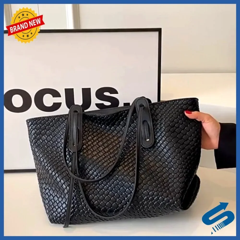 Large Woven Leather Tote Shoulder Bag Elegant Classic Work Satchel Handbag